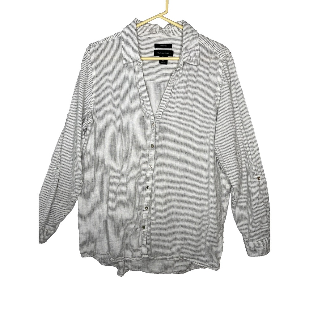 Tahari 100% Linen Button Front Pinstripe Roll Tab Tunic Lagenlook Coastal Shirt